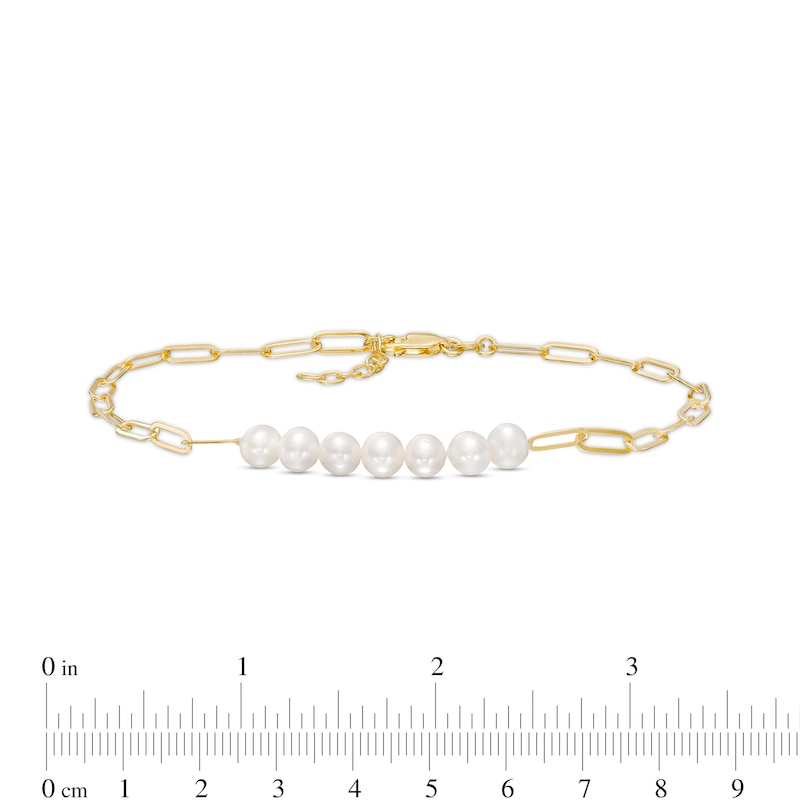 Main Image 3 of 5.5-6.0mm Freshwater Cultured Pearl Seven Stone Paper Clip Anklet in Sterling Silver with 18K Gold Plate-10"