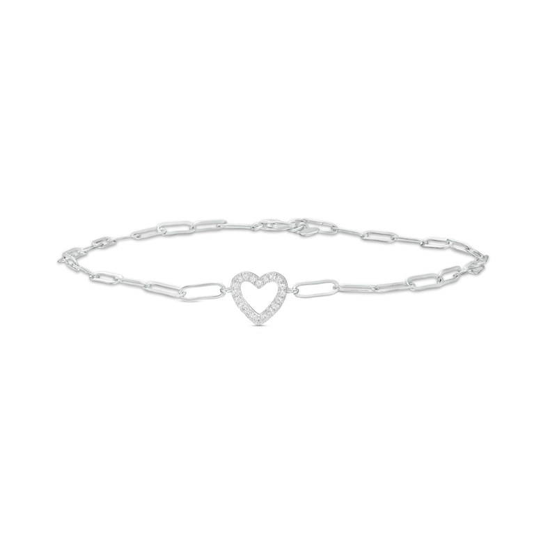 White Lab-Created Sapphire Heart Paper Clip Anklet in Sterling Silver - 10"