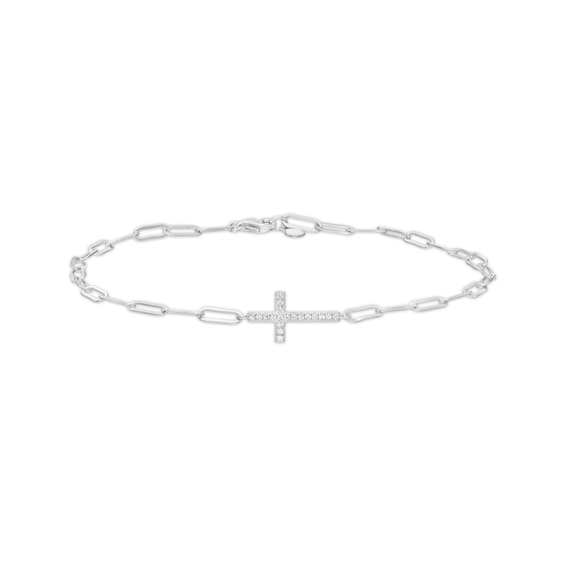 Main Image 1 of White Lab-Created Sapphire Cross Paper Clip Anklet in Sterling Silver - 10"