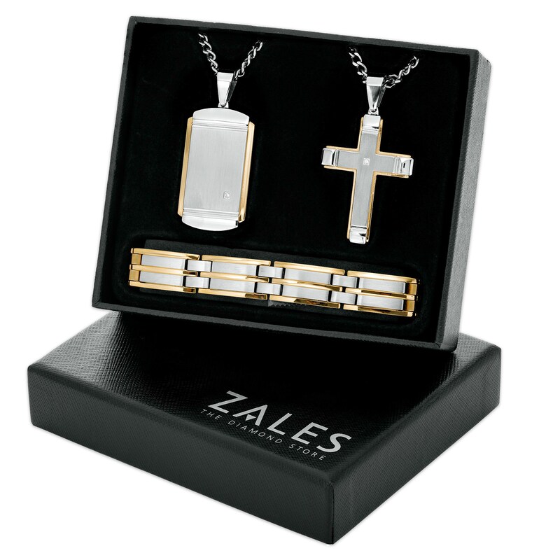 Main Image 1 of Diamond Accent Layered Dog Tag and Cross Pendant with Link Bracelet Set in Stainless Steel and Yellow Ion-Plate