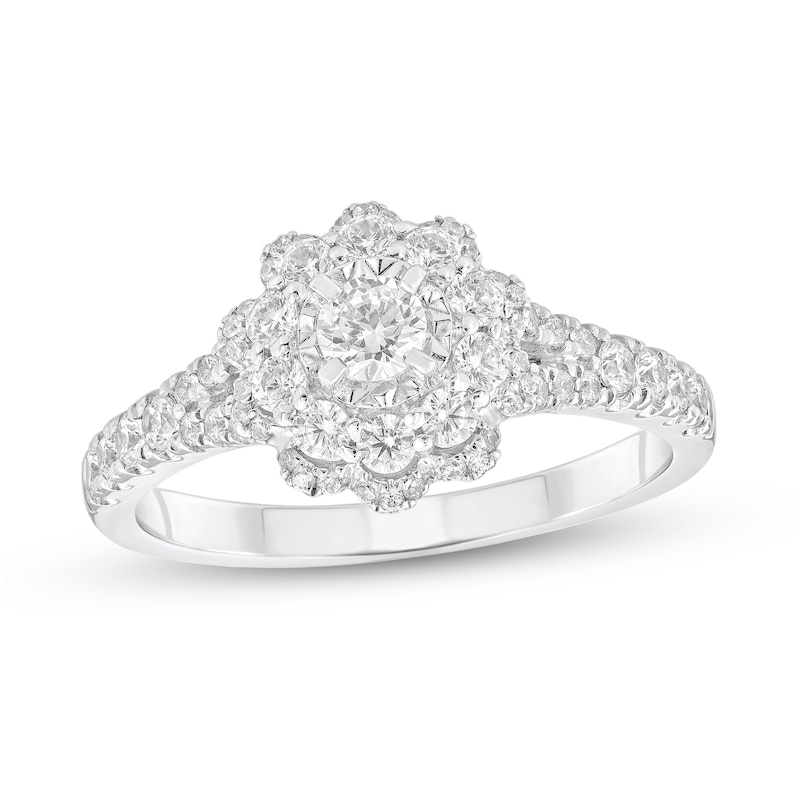 Main Image 1 of 3/4 CT. T.W. Diamond Double Frame Split Shank Flower Ring in 14K White Gold