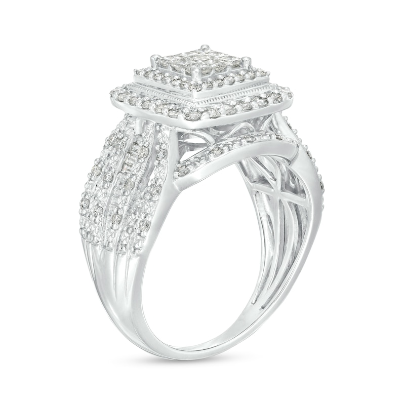 1 CT. T.W. Princess-Shaped Multi-Diamond Triple Frame Vintage-Style Engagement Ring in 10K White Gold (J/I3)