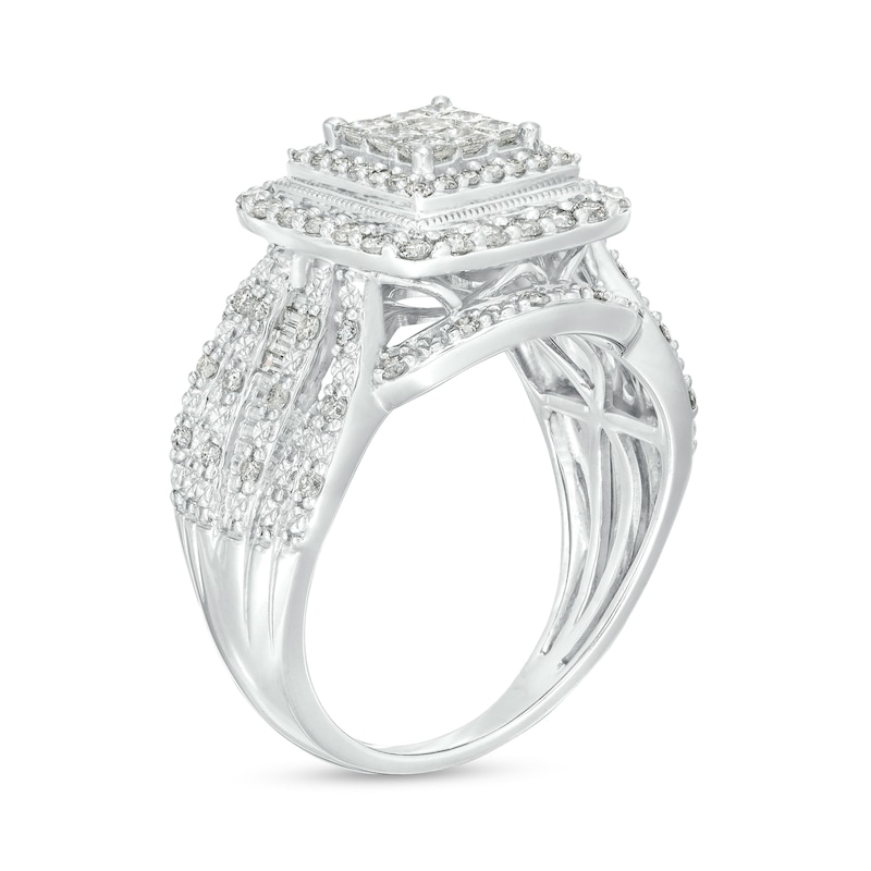 Main Image 3 of 1 CT. T.W. Princess-Shaped Multi-Diamond Triple Frame Vintage-Style Engagement Ring in 10K White Gold (J/I3)