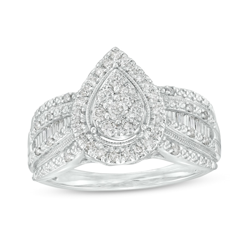 Main Image 1 of 1/2 CT. T.W. Pear-Shaped Multi-Diamond Frame Multi-Row Engagement Vintage-Style Ring in 10K White Gold (J/I3)