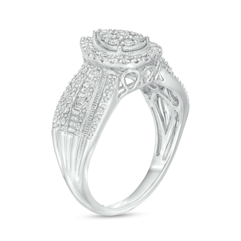 Main Image 3 of 1/2 CT. T.W. Pear-Shaped Multi-Diamond Frame Multi-Row Engagement Vintage-Style Ring in 10K White Gold (J/I3)