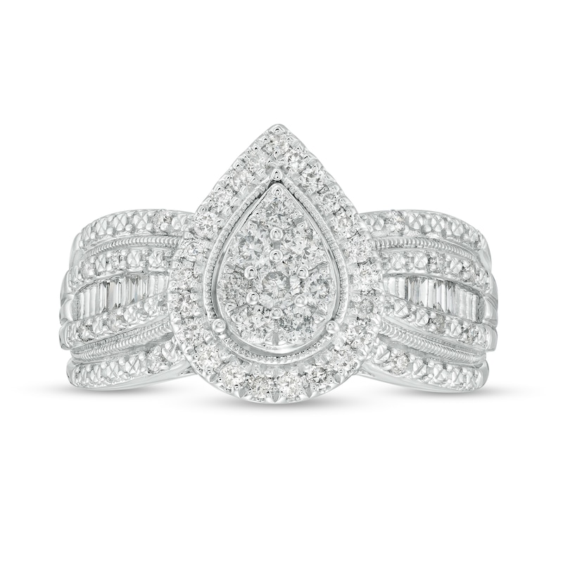 Main Image 4 of 1/2 CT. T.W. Pear-Shaped Multi-Diamond Frame Multi-Row Engagement Vintage-Style Ring in 10K White Gold (J/I3)
