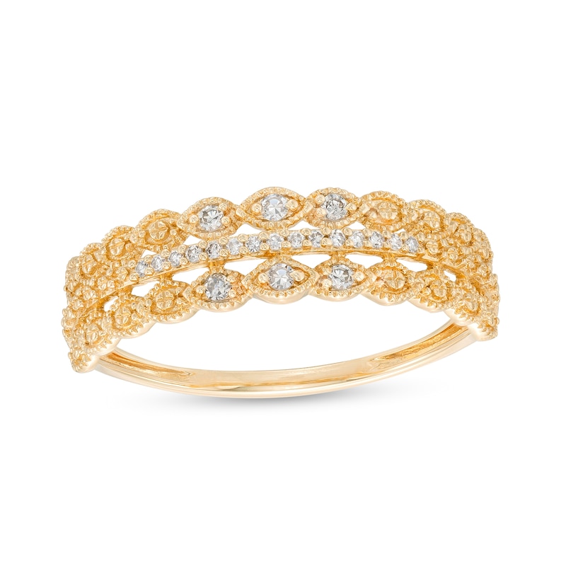 Main Image 1 of 1/15 CT. T.W. Diamond Scallop Edge Triple Row Stackable Vintage-Style Anniversary Band in 10K Gold