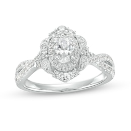 1 CT. T.W. Oval Diamond Double Frame Twist Shank Paisley Engagement Ring in 14K White Gold (I/I2)