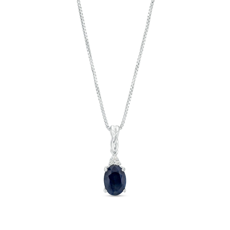 Main Image 1 of Oval Blue Sapphire and Diamond Accent Stacked Twist Bail Pendant in 10K White Gold