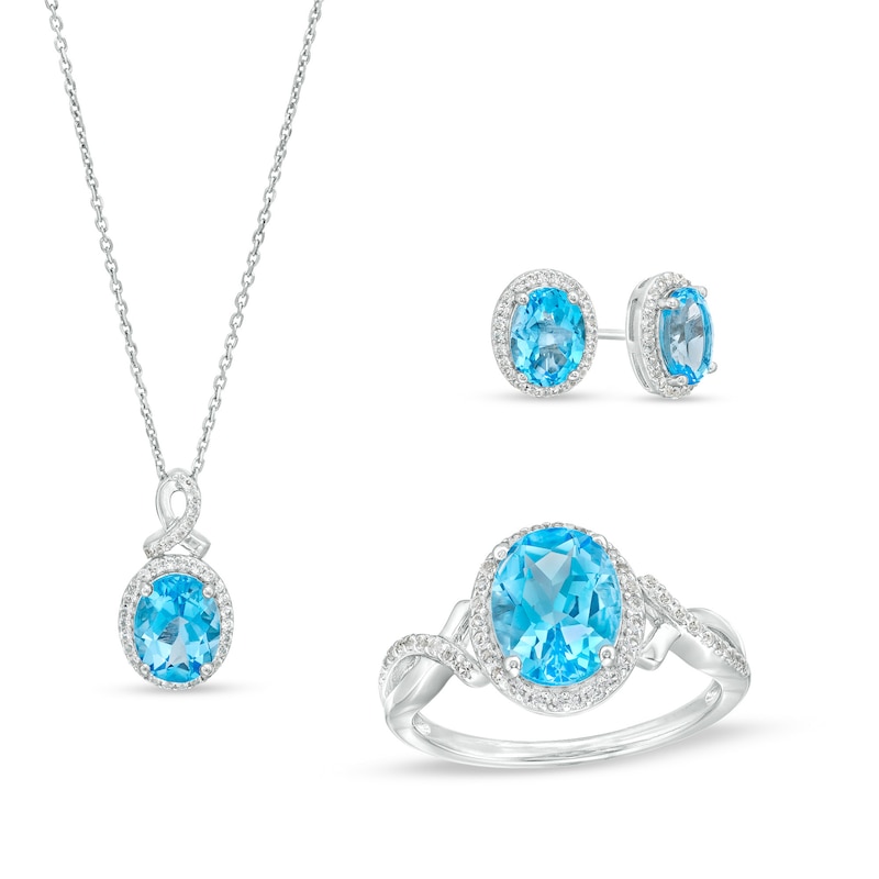 Main Image 1 of Oval Swiss Blue Topaz and White Lab-Created Sapphire Frame Pendant, Stud Earrings and Ring Set in Sterling Silver