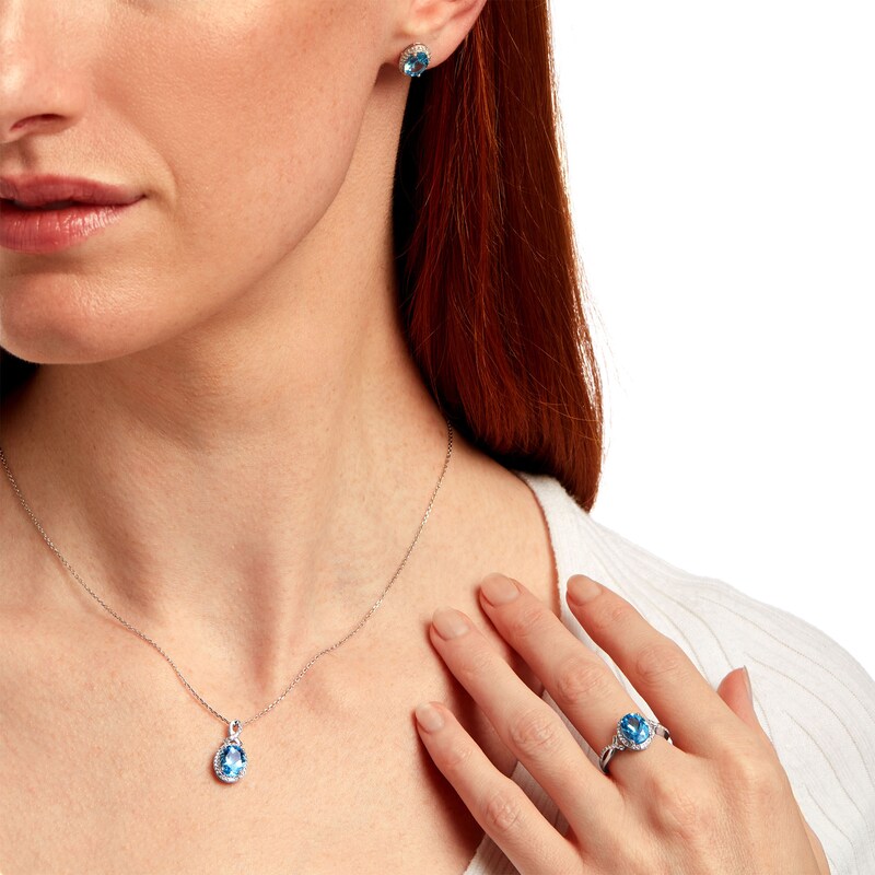 Oval Swiss Blue Topaz and White Lab-Created Sapphire Frame Pendant, Stud Earrings and Ring Set in Sterling Silver