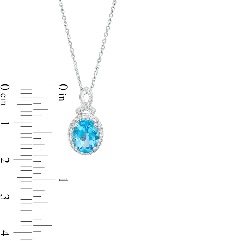 Main Image 4 of Oval Swiss Blue Topaz and White Lab-Created Sapphire Frame Pendant, Stud Earrings and Ring Set in Sterling Silver