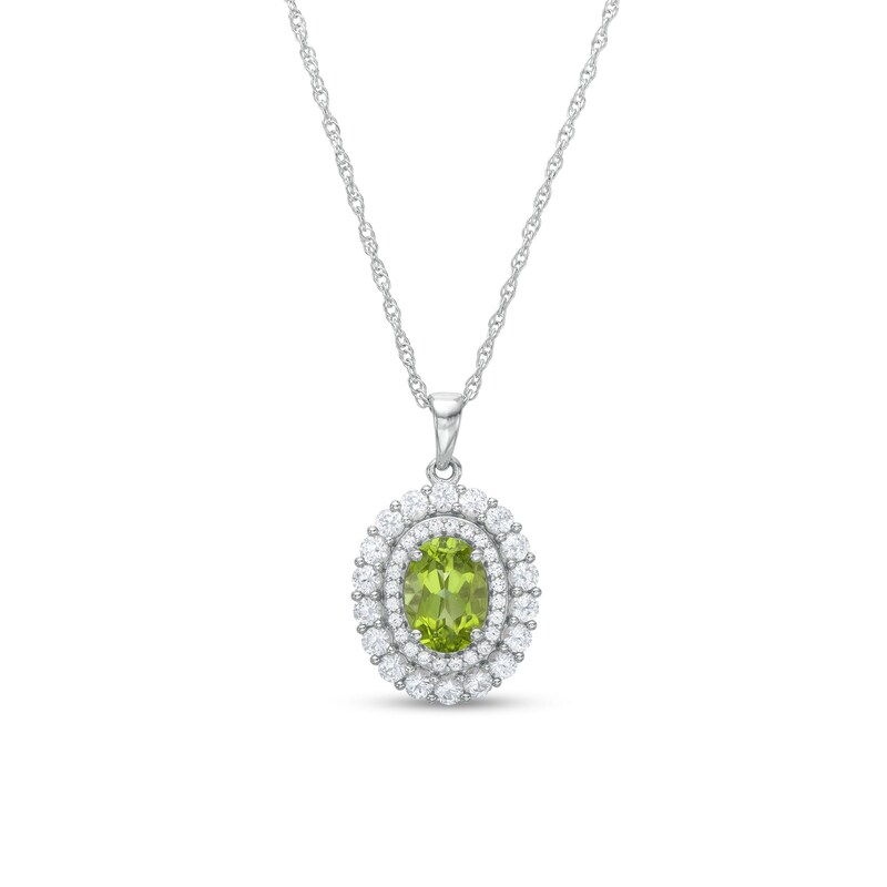 Main Image 1 of Oval Peridot and White Lab-Created Sapphire Double Frame Pendant in Sterling Silver
