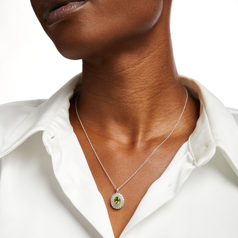 Main Image 2 of Oval Peridot and White Lab-Created Sapphire Double Frame Pendant in Sterling Silver