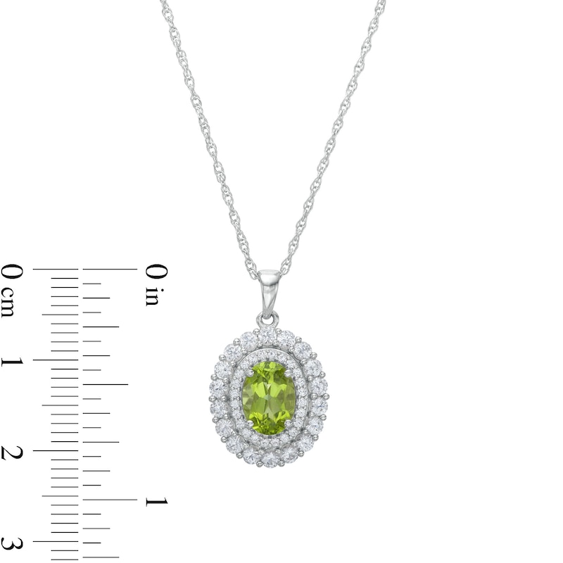 Oval Peridot and White Lab-Created Sapphire Double Frame Pendant in Sterling Silver