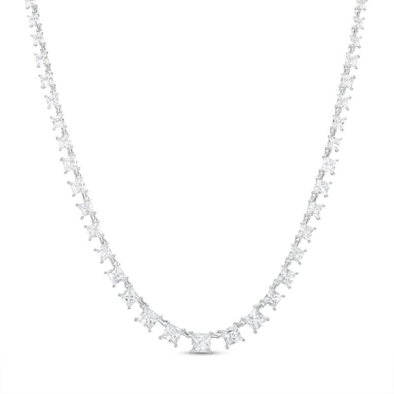 Main Image 1 of Princess-Cut White Lab-Created Sapphire Graduated Necklace in Sterling Silver