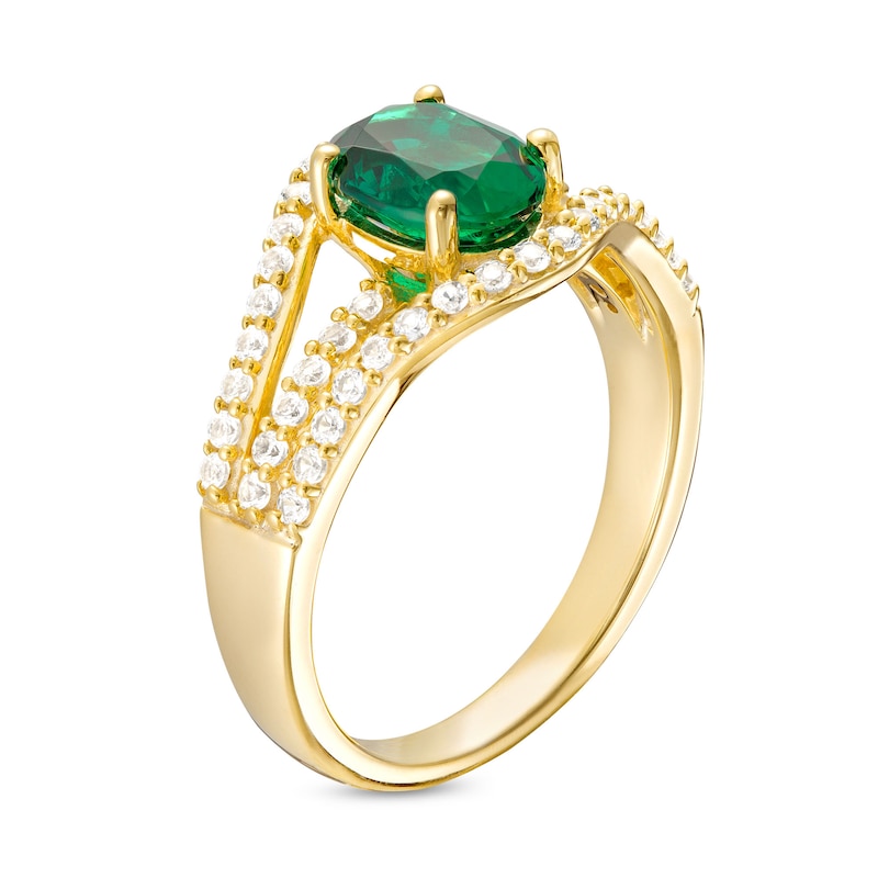 Main Image 3 of Oval Lab-Created Emerald and White Lab-Created Sapphire Triple Row Ring in Sterling Silver with 10K Gold Plate – Size 7