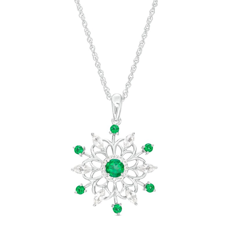 Main Image 1 of Lab-Created Emerald and White Lab-Created Sapphire Snowflake Pendant in Sterling Silver