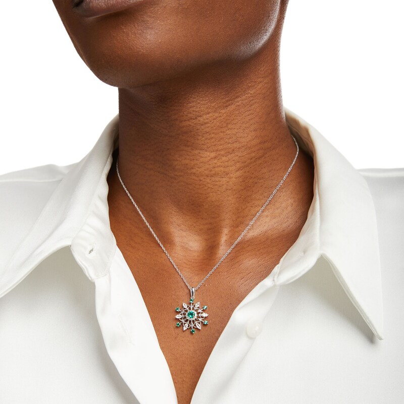 Main Image 2 of Lab-Created Emerald and White Lab-Created Sapphire Snowflake Pendant in Sterling Silver