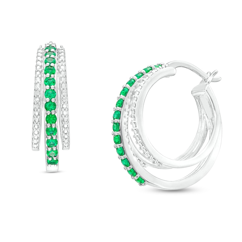 Main Image 1 of Lab-Created Emerald and Diamond Accent Triple Row Hoop Earrings in Sterling Silver