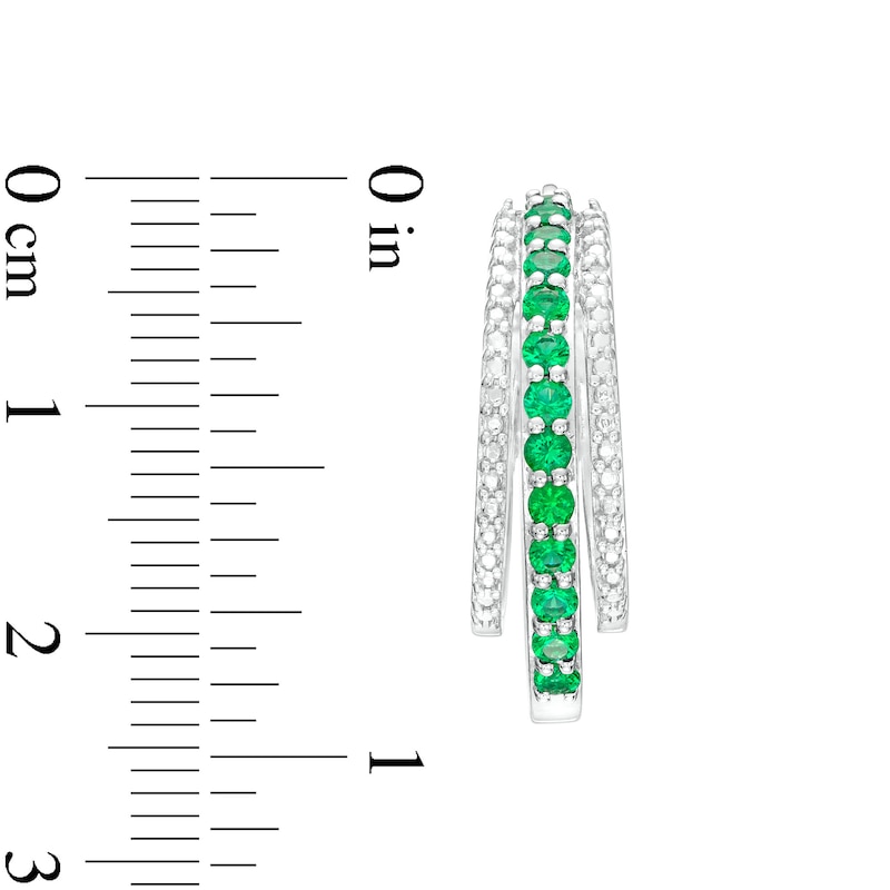 Main Image 3 of Lab-Created Emerald and Diamond Accent Triple Row Hoop Earrings in Sterling Silver