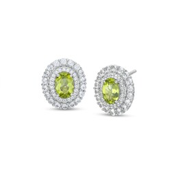 Oval Peridot and White Lab-Created Sapphire Double Frame Stud Earrings in Sterling Silver