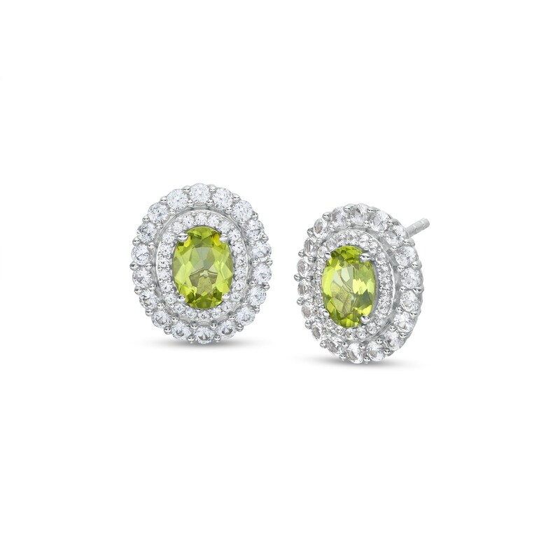 Main Image 1 of Oval Peridot and White Lab-Created Sapphire Double Frame Stud Earrings in Sterling Silver