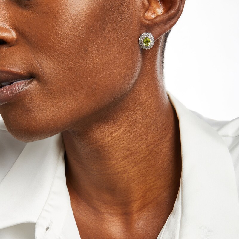 Main Image 2 of Oval Peridot and White Lab-Created Sapphire Double Frame Stud Earrings in Sterling Silver