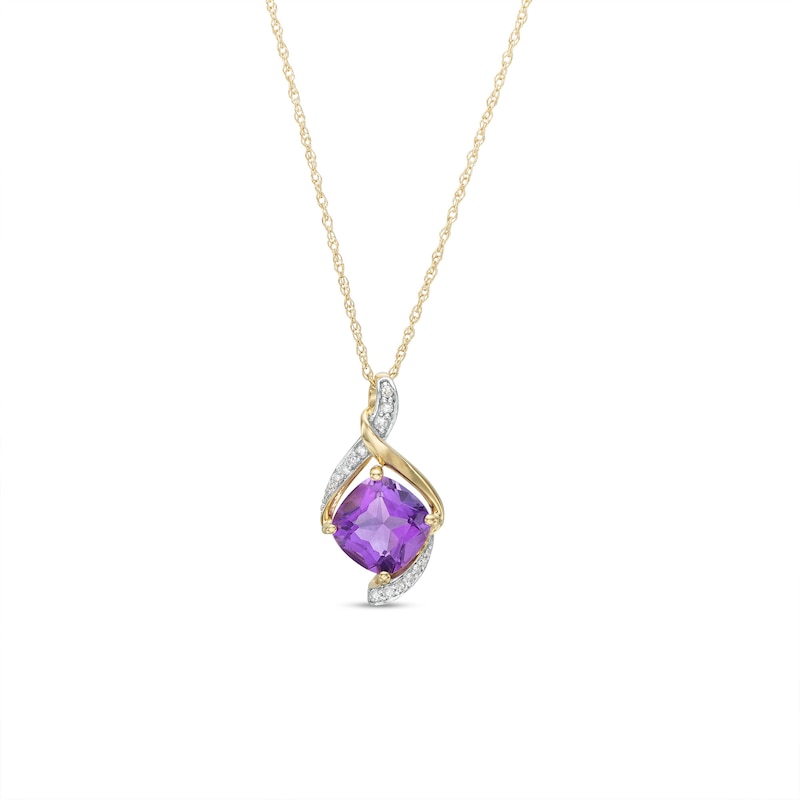 Main Image 1 of 6.5mm Cushion-Cut Amethyst and 1/20 CT. T.W. Diamond Bypass Twist Pendant in 10K Gold