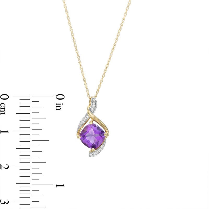 Main Image 2 of 6.5mm Cushion-Cut Amethyst and 1/20 CT. T.W. Diamond Bypass Twist Pendant in 10K Gold