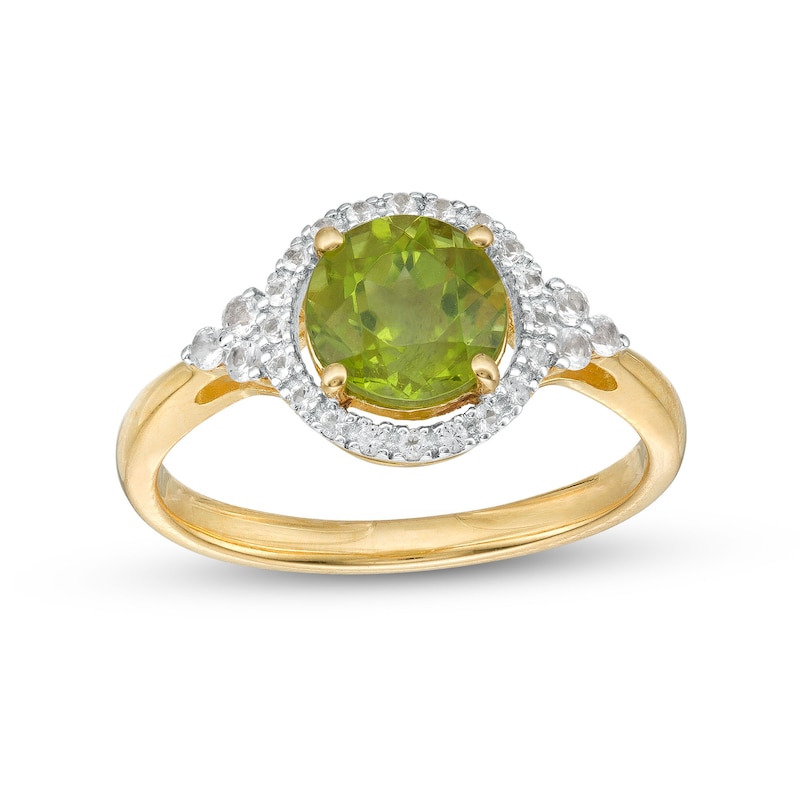 Main Image 1 of 7.0mm Peridot and White Lab-Created Sapphire Frame Tri-Sides Ring in Sterling Silver with 14K Gold Plate – Size 7