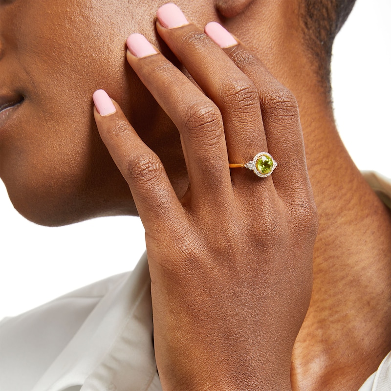 Main Image 2 of 7.0mm Peridot and White Lab-Created Sapphire Frame Tri-Sides Ring in Sterling Silver with 14K Gold Plate – Size 7