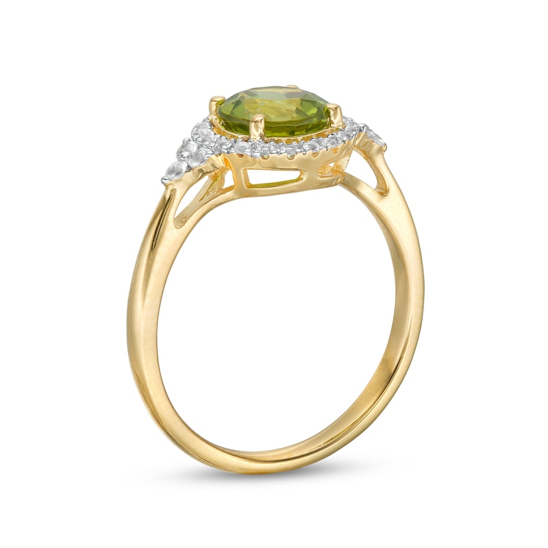 Main Image 3 of 7.0mm Peridot and White Lab-Created Sapphire Frame Tri-Sides Ring in Sterling Silver with 14K Gold Plate – Size 7