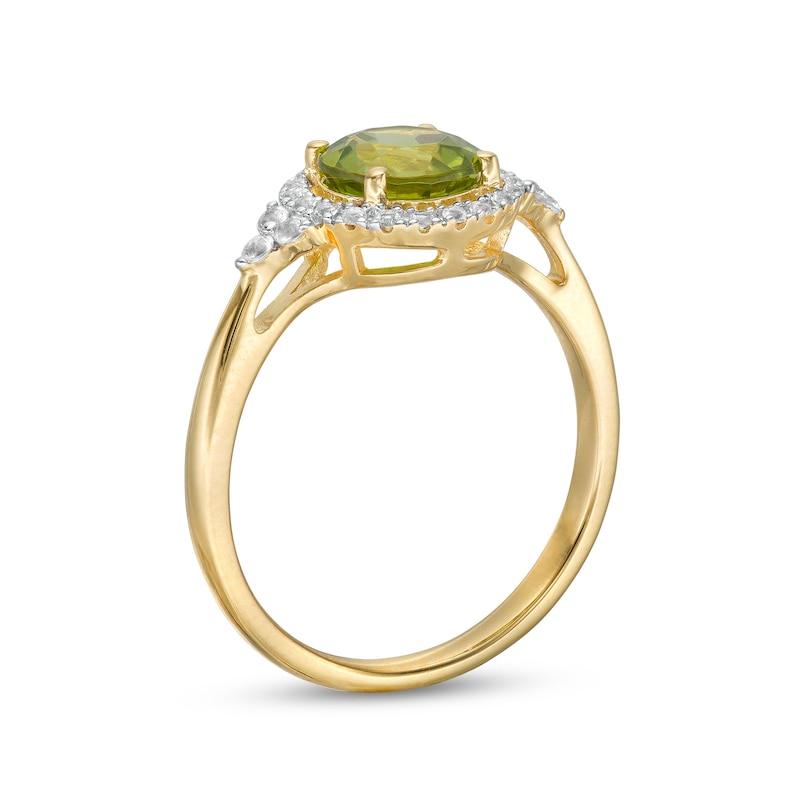 7.0mm Peridot and White Lab-Created Sapphire Frame Tri-Sides Ring in Sterling Silver with 14K Gold Plate – Size 7