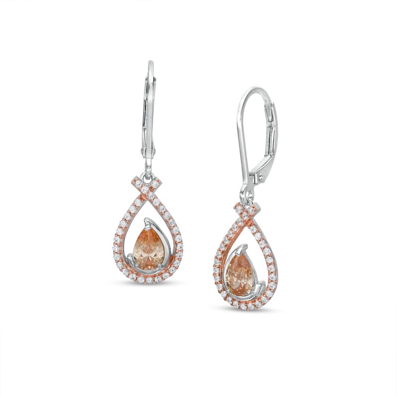 Main Image 1 of Pear-Shaped Morganite and White Lab-Created Sapphire Open Frame Drop Earrings in Sterling Silver and 18K Rose Gold Plate