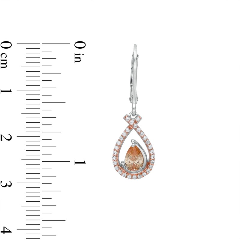 Main Image 3 of Pear-Shaped Morganite and White Lab-Created Sapphire Open Frame Drop Earrings in Sterling Silver and 18K Rose Gold Plate