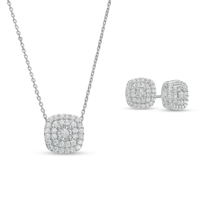 Main Image 1 of 1 CT. T.W. Diamond Double Cushion-Shaped Frame Pendant and Stud Earrings Set in Sterling Silver - 17"