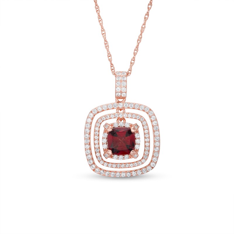 Main Image 1 of 7.0mm Cushion-Cut Garnet and White Lab-Created Sapphire Open Frame Pendant in Sterling Silver with 18K Rose Gold Plate