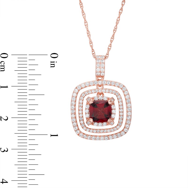 Main Image 3 of 7.0mm Cushion-Cut Garnet and White Lab-Created Sapphire Open Frame Pendant in Sterling Silver with 18K Rose Gold Plate