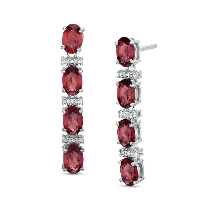 Main Image 1 of Oval Garnet and Diamond Accent Alternating Drop Earrings in Sterling Silver