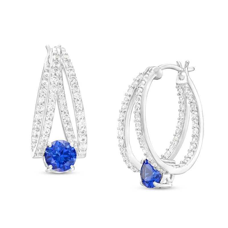 Main Image 1 of 6.0mm Blue and White Lab-Created Sapphire Split Hoop Earrings in Sterling Silver