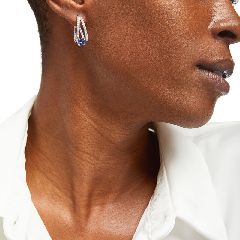 Main Image 2 of 6.0mm Blue and White Lab-Created Sapphire Split Hoop Earrings in Sterling Silver