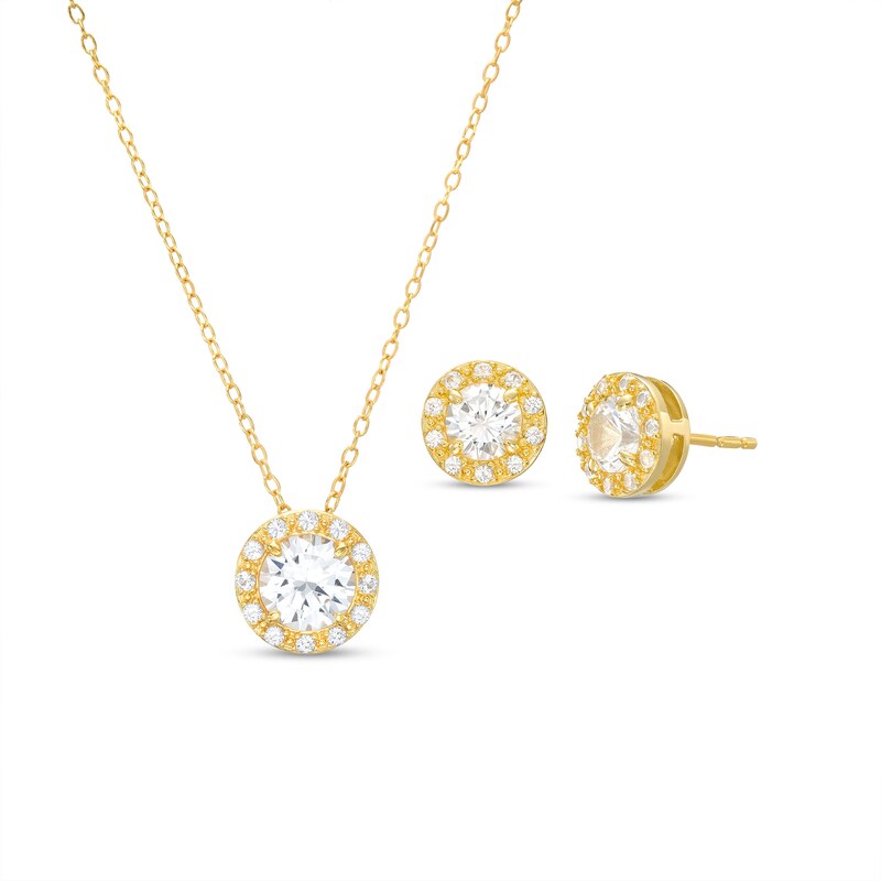 Main Image 1 of White Lab-Created Sapphire Frame Pendant and Stud Earrings Set in Sterling Silver with 18K Gold Plate