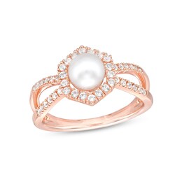 Cultured Freshwater Pearl and White Lab-Created Sapphire Hexagon Frame Ring in Sterling Silver with 14K Rose Gold Plate