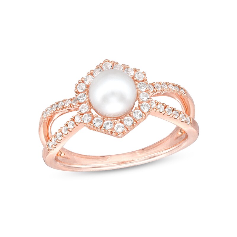 Main Image 1 of Freshwater Cultured Pearl and White Lab-Created Sapphire Hexagon Frame Ring in Sterling Silver with 14K Rose Gold Plate