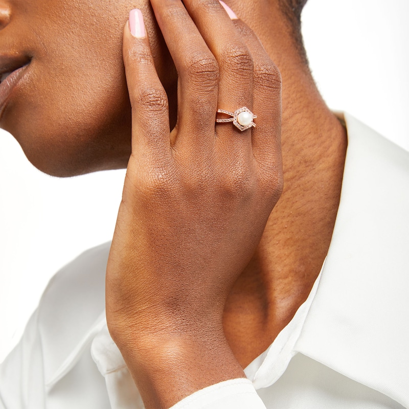 Main Image 2 of Freshwater Cultured Pearl and White Lab-Created Sapphire Hexagon Frame Ring in Sterling Silver with 14K Rose Gold Plate