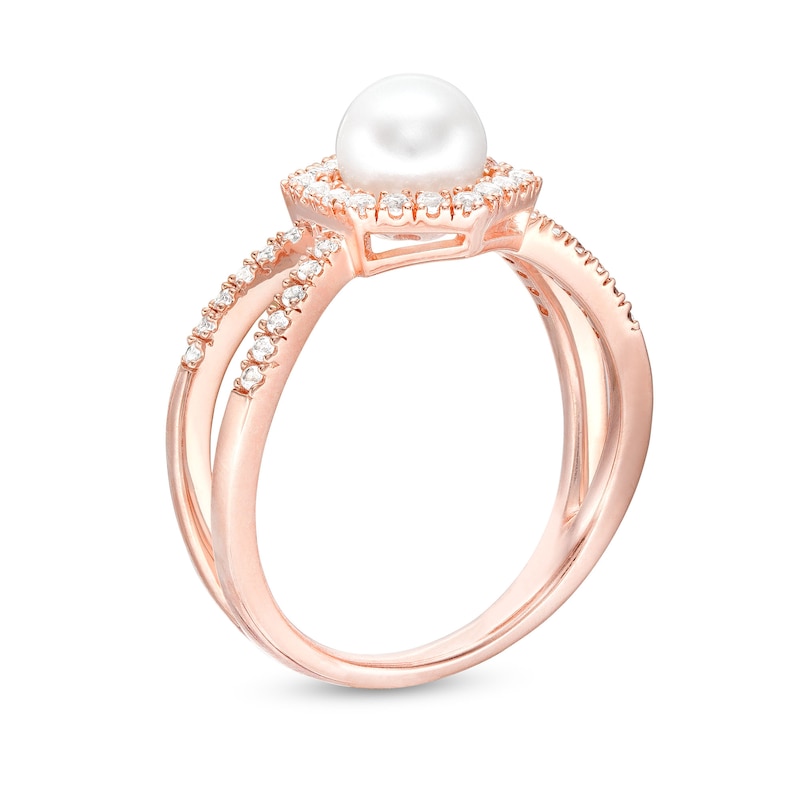 Cultured Freshwater Pearl and White Lab-Created Sapphire Hexagon Frame Ring in Sterling Silver with 14K Rose Gold Plate