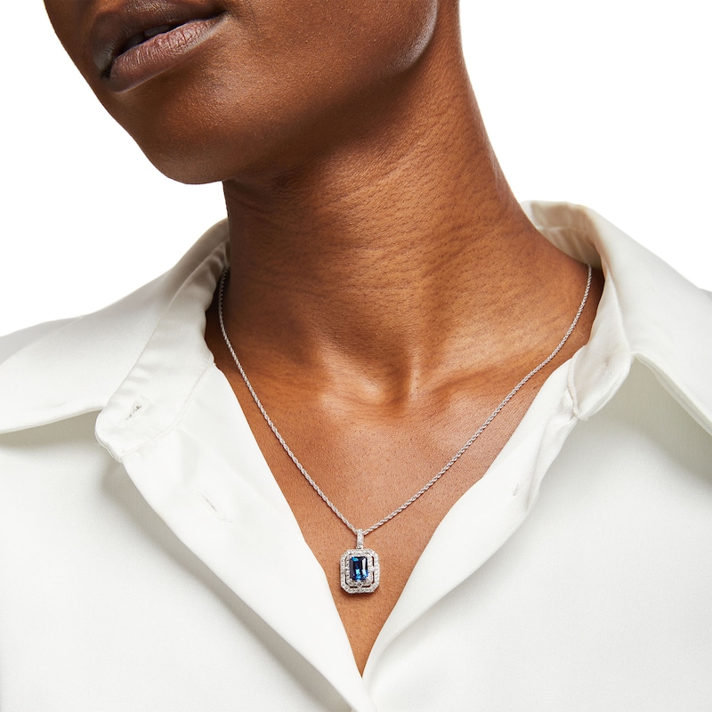 Main Image 2 of Radiant-Cut Blue and White Lab-Created Sapphire Double Frame Pendant in Sterling Silver