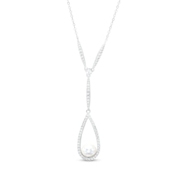 8.0mm Cultured Freshwater Pearl and White Lab-Created Sapphire Teardrop &quot;Y&quot; Necklace in Sterling Silver