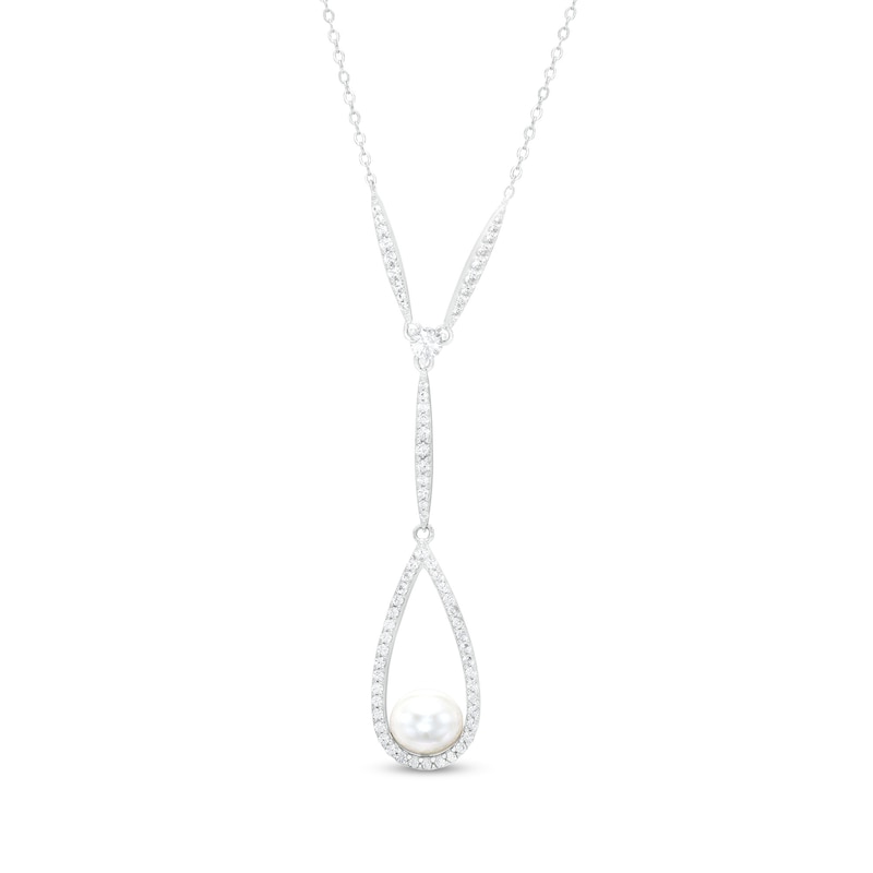 Main Image 1 of 8.0mm Freshwater Cultured Pearl and White Lab-Created Sapphire Teardrop "Y" Necklace in Sterling Silver